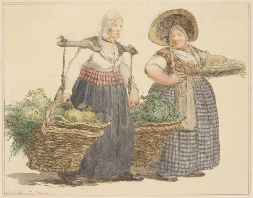 Zwei Gemüsehändlerinnen mit ihrer Ware, C. H. Meyer