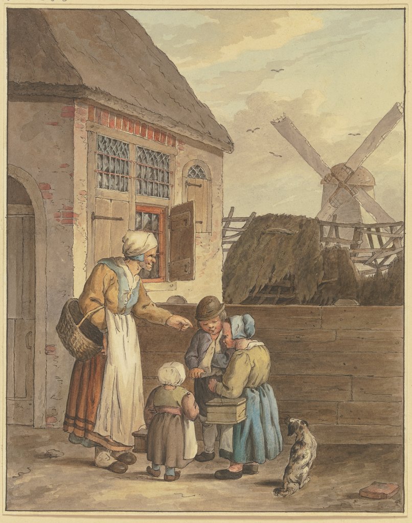 Vor einem Haus drei Kinder bei einer alten Frau, Johann Friedrich Morgenstern