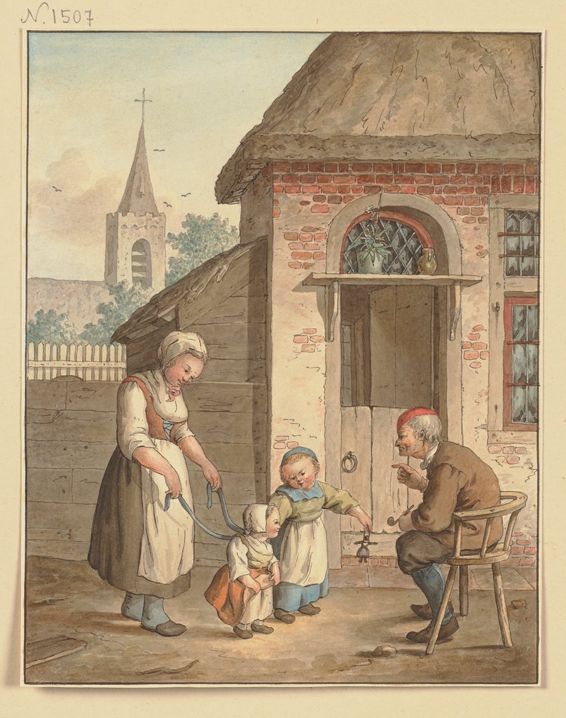 Vor der Haustür sitzt ein alter Mann, dabei eine Magd und zwei Kinder, Johann Friedrich Morgenstern