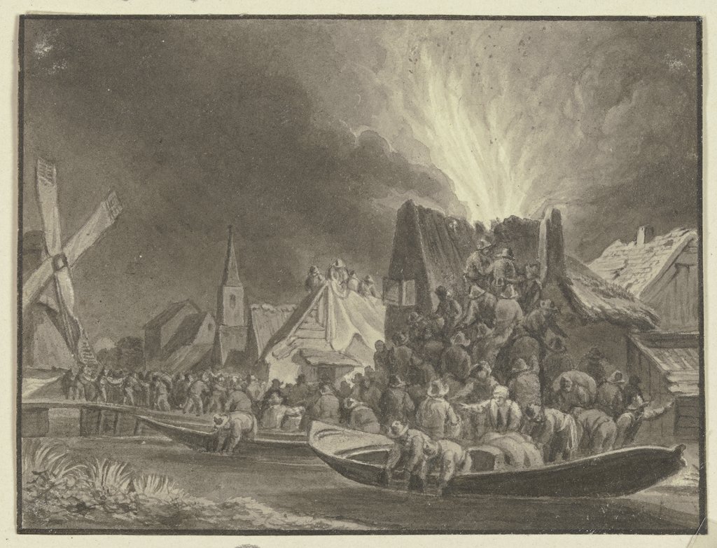 Brand in einem holländischen Dorf, Johann Friedrich Morgenstern, after Egbert van der Poel