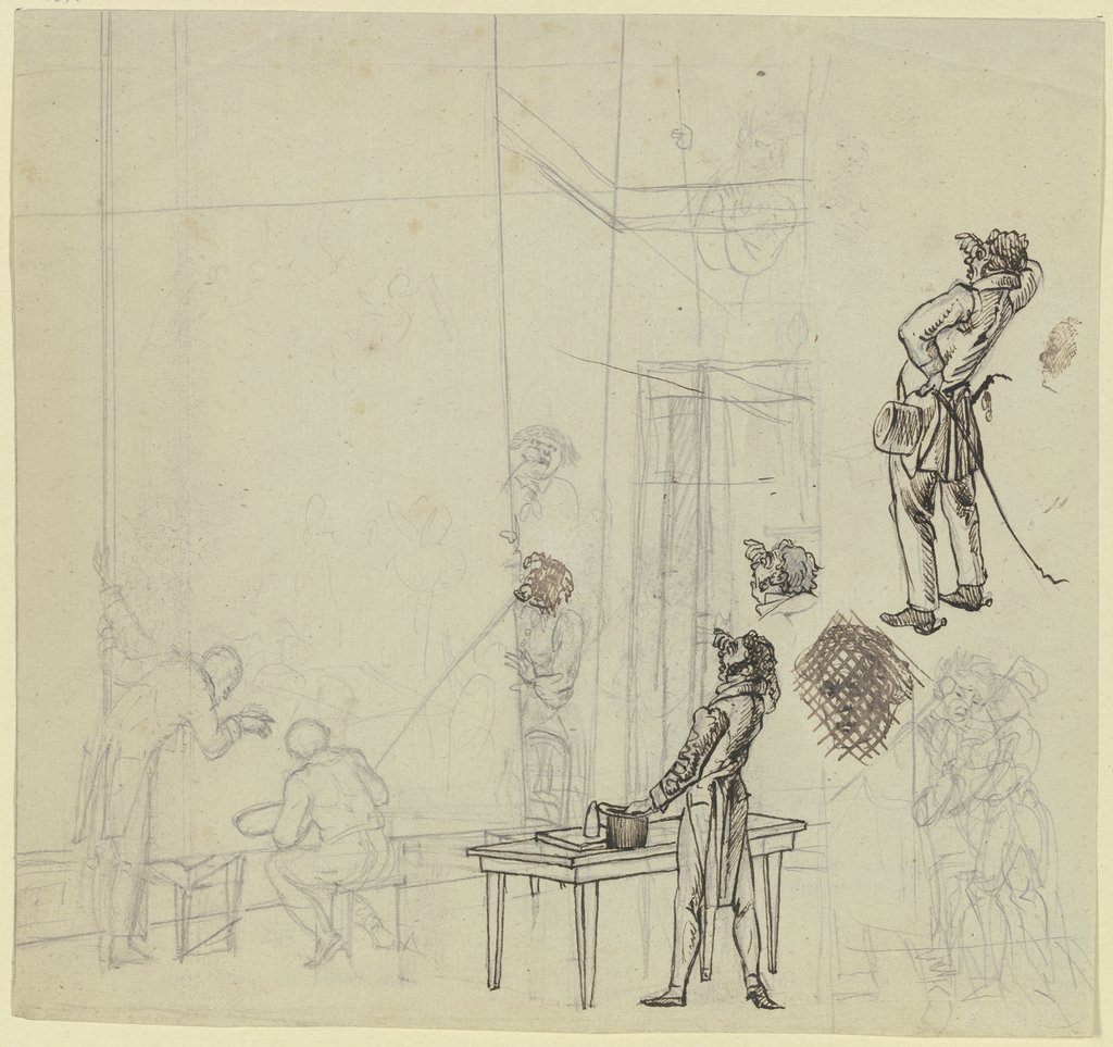 Atelierszene mit einem Besucher vor der Staffelei und anderen Skizzen, Johann Friedrich Morgenstern