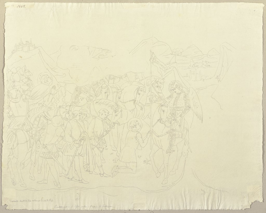 Die Schlacht des heiligen Efeso gegen die Ungläubigen von Sardinien, nach einem Fresko im Camposanto zu Pisa, Johann Anton Ramboux, after Spinello Aretino