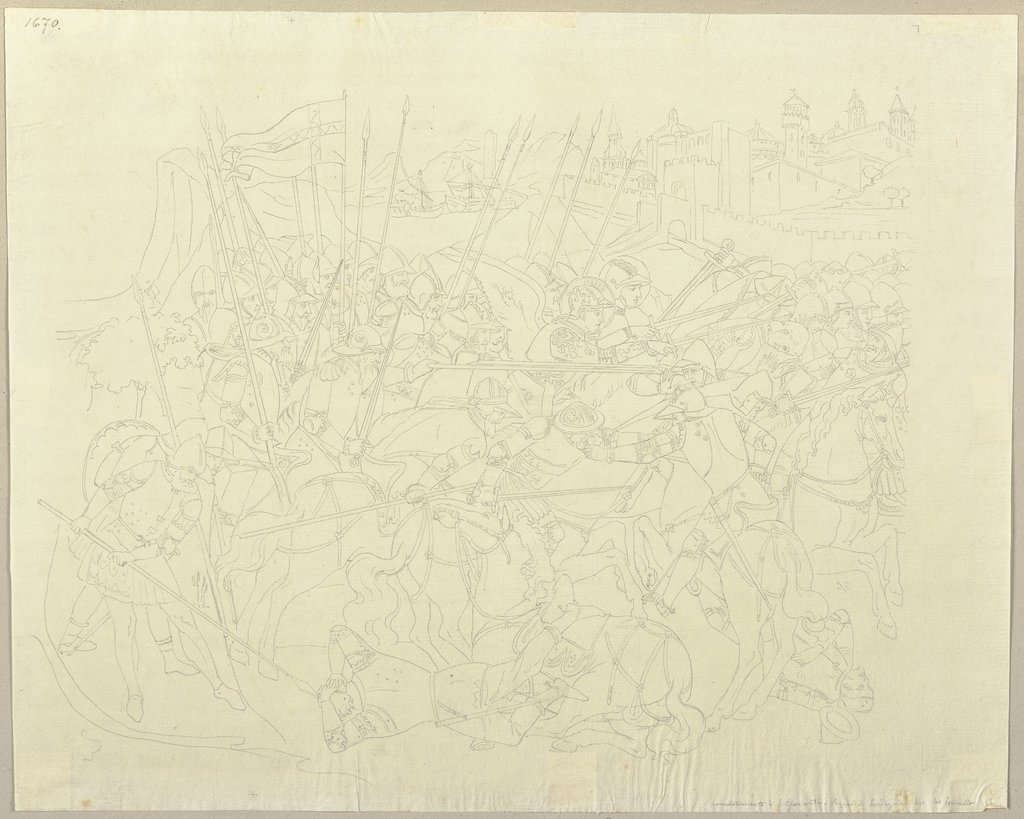 Die Schlacht des heiligen Efeso gegen die Ungläubigen von Sardinien, nach einem Fresko im Camposanto zu Pisa, Johann Anton Ramboux, nach Spinello Aretino