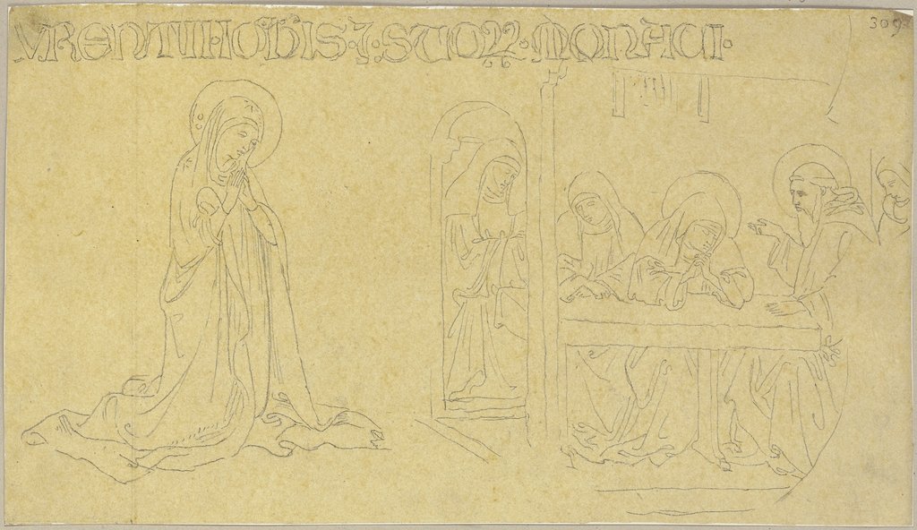 Links eine Darstellung der Gottesmutter, rechts eine Versammlung von betenden Heiligen, Johann Anton Ramboux, nach Lorenzo Monaco