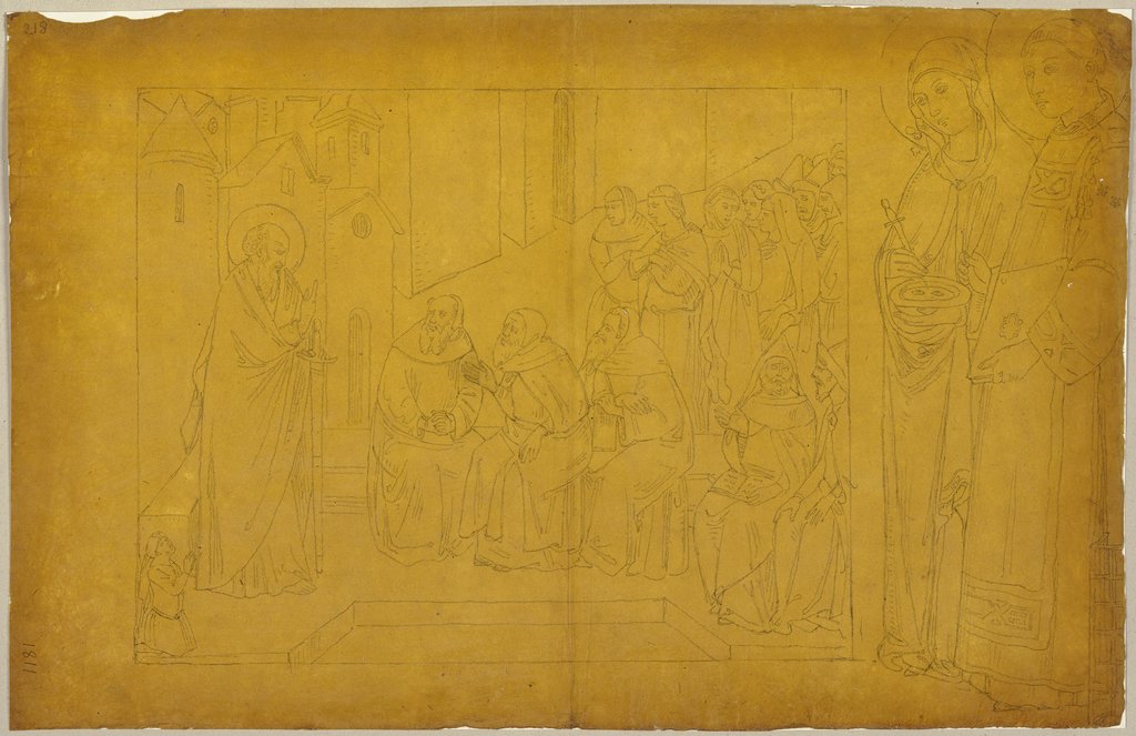 Szene mit dem Heiligen Paulus, rechts eine weibliche und ein männlicher Heiliger, Johann Anton Ramboux