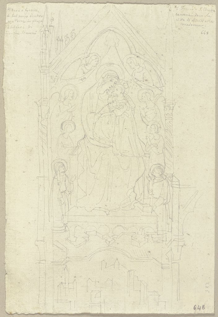 Madonna mit Klara und Franz von Assisi an einem alten Turm auf dem Platz, wo jetzt die Kirche della Morte steht, unterhalb Assisi, nach einem Fresko im Stile Simone Martinis, Johann Anton Ramboux, after Simone Martini;  circle