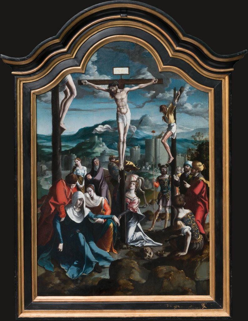 Triptychon mit der Kreuzigung Christi, Heiligen und Stifterfamilie. Mitteltafel: Kreuzigung Christi, Nordniederländischer Meister um 1530, Jan Swart;   ?