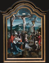 Triptychon mit der Kreuzigung Christi, Heiligen und Stifterfamilie. Mitteltafel: Kreuzigung Christi