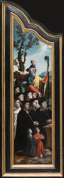 Linke Tafel des Triptychon mit der Kreuzigung Christi, Heiligen und Stifterfamilie