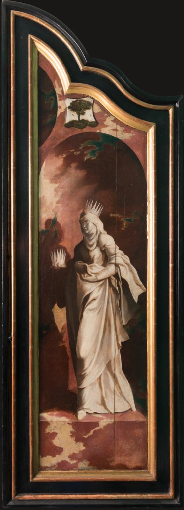 Triptychon mit der Kreuzigung Christi, Heiligen und Stifterfamilie. Rechter Außenflügel: Heilige Elisabeth, Nordniederländischer Meister um 1530, Jan Swart;   ?