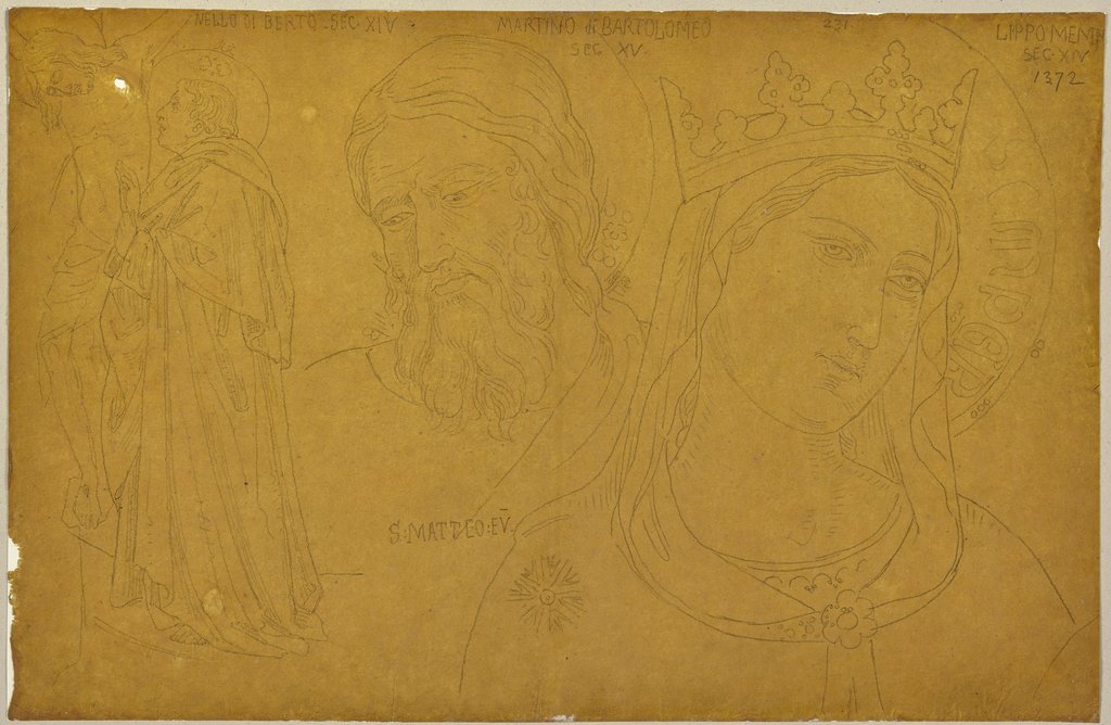 Ein Heiliger unter dem gekreuzigten Christus, Matthäus und eine gekrönte Heilige (Maria?), Johann Anton Ramboux, after Lippo Memmi, after Martino di Bartolomeo