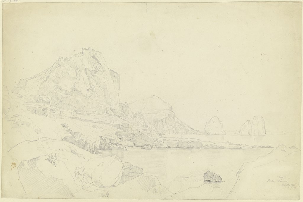 Der Monte Castiglione mit der Festung auf der Spitze, im Hintergrund auf dem Monte Tibero die Villa Jovis, rechts die Faraglioni vor Capri, Carl Morgenstern