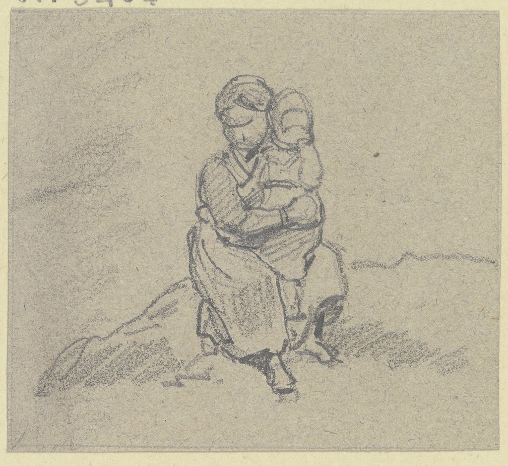 Ein Mädchen hält ein Kind auf dem Schoß und sitzt auf einem kleinen Abhang, das Kind hat die Hand zum Mund geführt, Jakob Fürchtegott Dielmann