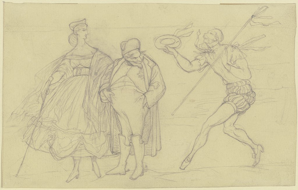 Ungleiches Paar, von rechts eilt ein dandyhaft gewandeter Wilhelm I. herbei, Victor Müller