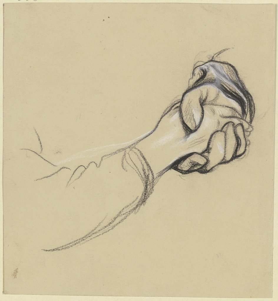 Die ineinander gelegten rechten Hände einer Frau und eines einen Handschuh tragenden Mannes, Victor Müller