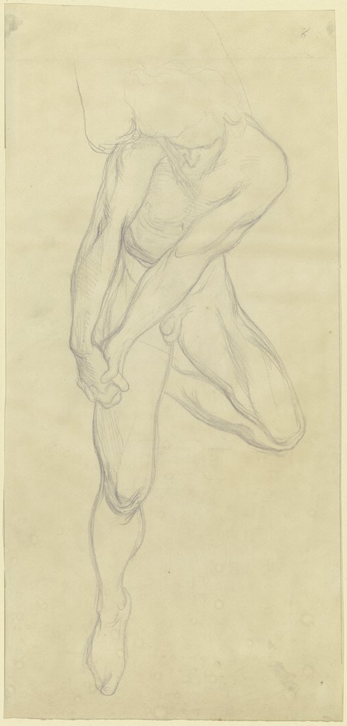 Männlicher Akt mit stark angewinkeltem aufgelegtem linken Bein, die Hände vor dem Körper gefaltet, auf den Schultern eine Last stemmend, Victor Müller