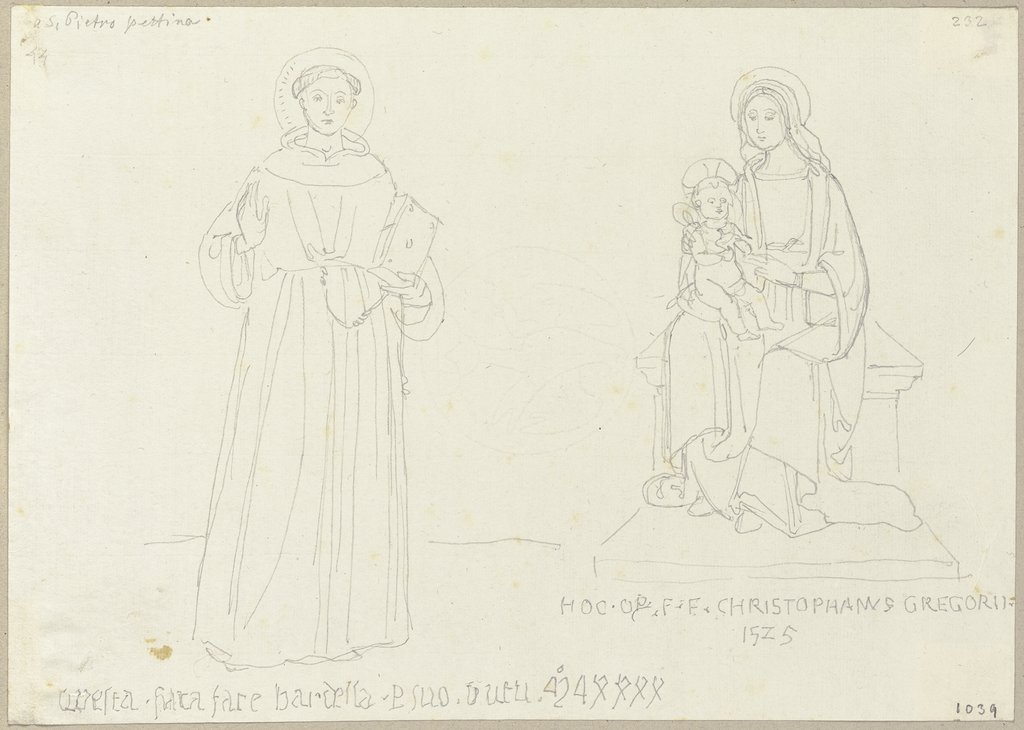 Ein heiliger Mönch sowie Madonna mit Kind, nach zwei Fresken in einer Kirche an Strada Romana unterhalb Trevi von 1440 und 1525 (?), Johann Anton Ramboux