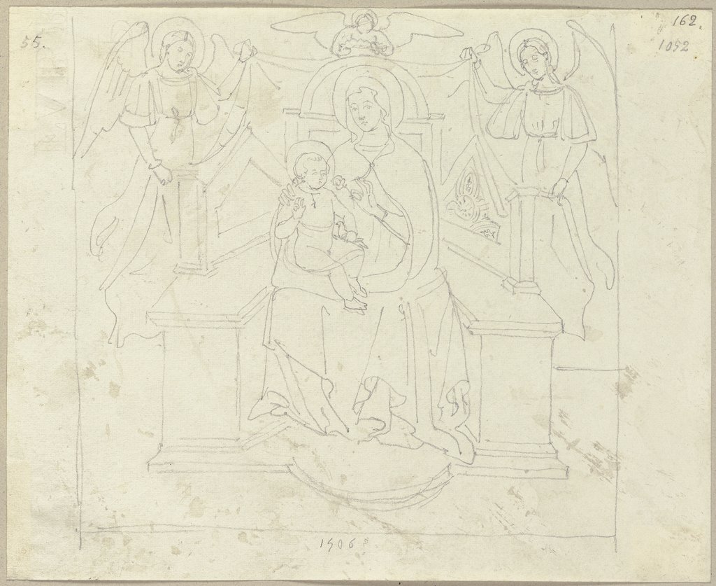 Thronende Madonna mit Kind und Engeln aus einem Fresko von 1506 in einer Kirche zu Caprigione (?), Johann Anton Ramboux