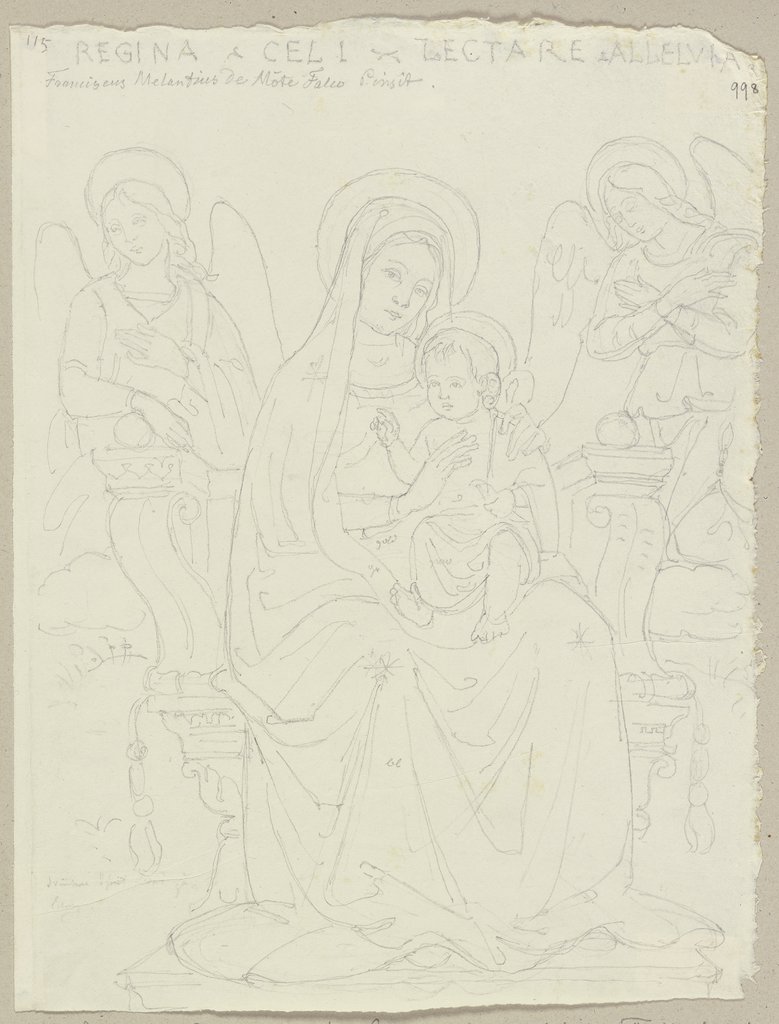 Thronende Maria mit dem Jesuskind, flankiert von zwei Engeln, nach einer Wandmalerei von Francesco Melanzio in einer Bruderschaftskirche in Montefalco, Johann Anton Ramboux, after Francesco Melanzio