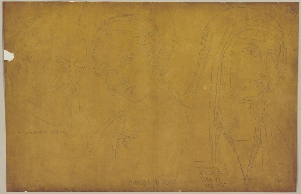 Detailansicht eines Männerkopfes und zweier Frauenköpfe, Johann Anton Ramboux, nach Sassetta, nach Bernardino Fungai, nach Andrea di Vanni d'Andrea Salvani