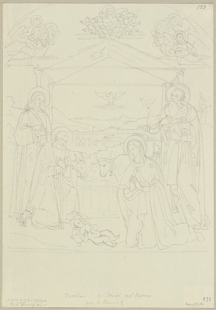Die Anbetung des Kindes mit dem Heiligen Secondiano und dem Heiligen Hieronymus, nach einem Tafelbild von Bernardino Fungai in der Concattedrale di San Secondiano in Chiusi, Johann Anton Ramboux, nach Bernardino Fungai