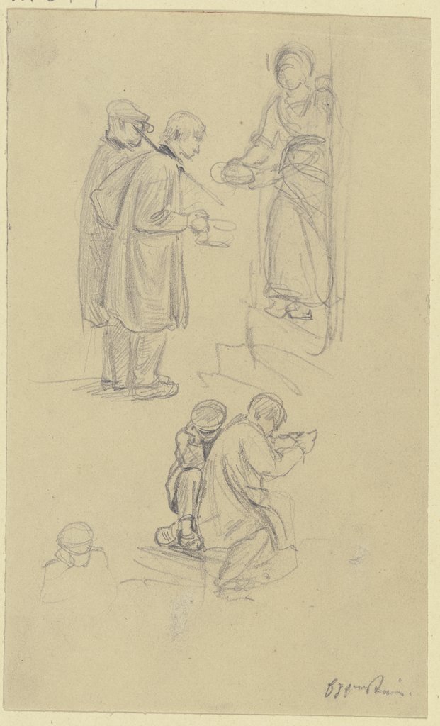 Studienblatt: Eine Frau an der Haustür gibt zwei Bettlern ein Stück Brot, darunter eine kniende und eine sitzende Figur, Jakob Fürchtegott Dielmann