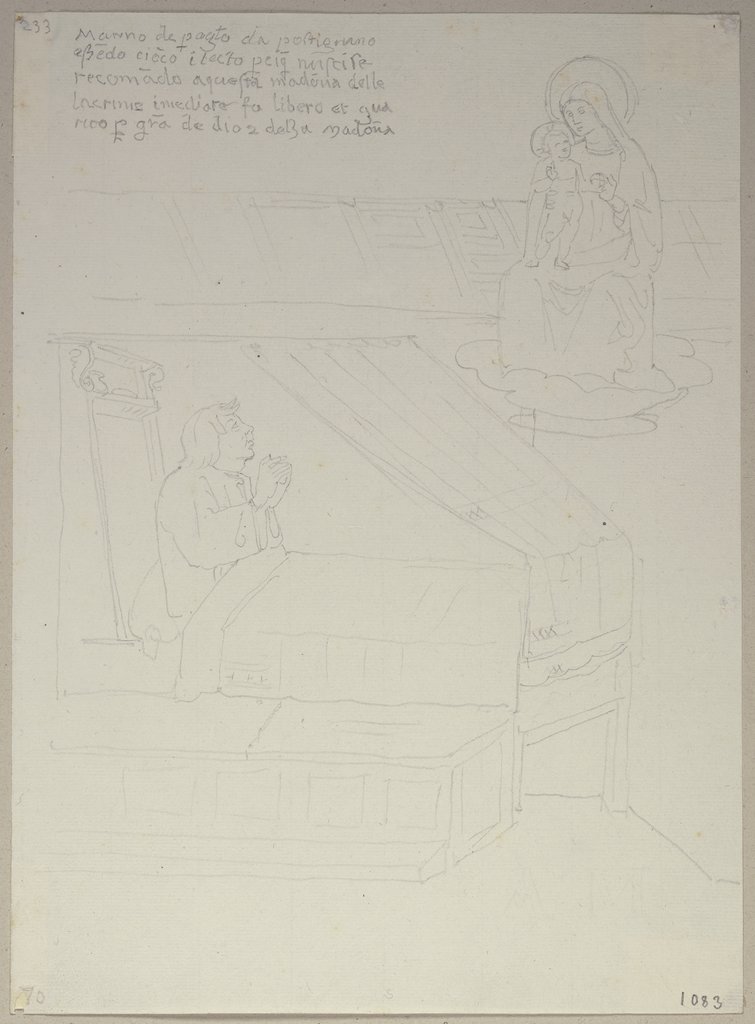 Ein im Bett sitzender Kranker betet zu Maria mit dem Kind (ex voto), nach einer Vorlage aus dem Santuario della Madonna delle Lacrime in Trevi, Johann Anton Ramboux, nach Italienisch, 15. Jahrhundert