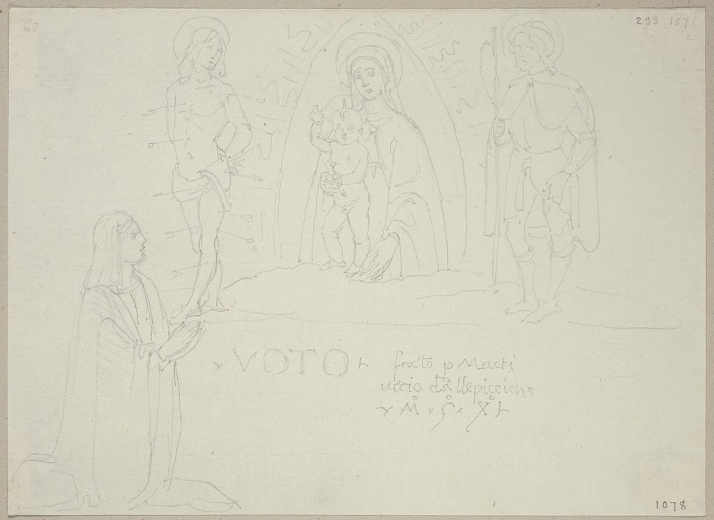 Eine kniende Frau betet zu Maria mit dem Kind, dem Heiligen Sebastian und einem weiteren Heiligen (ex voto), nach einer Vorlage aus dem Santuario della Madonna delle Lacrime in Trevi, Johann Anton Ramboux, after Italian, 15th century