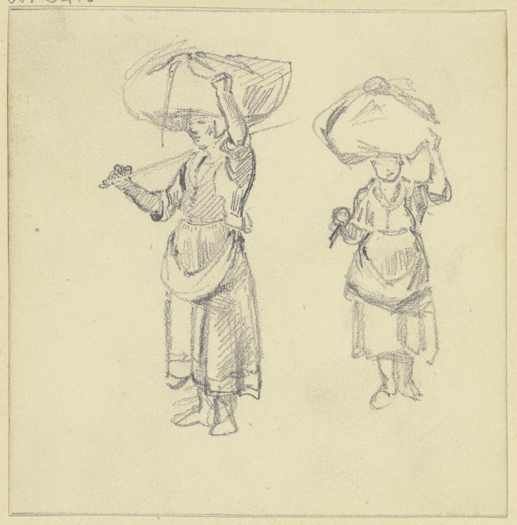 Eine Frau, die ein großes Bündel auf dem Kopf trägt, nach links und von vorne, Jakob Fürchtegott Dielmann