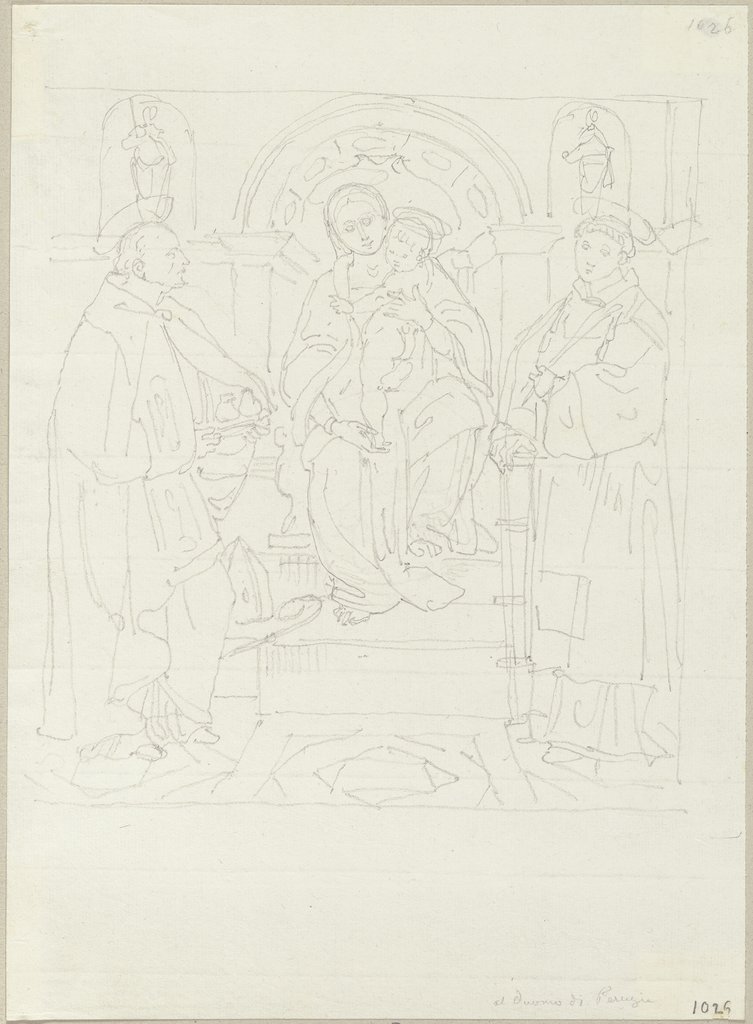 Die thronende Madonna mit Kind, der heilige Laurentius und ein heiliger Bischof, in San Lorenzo in Perugia, Johann Anton Ramboux, after Pietro Perugino;  school