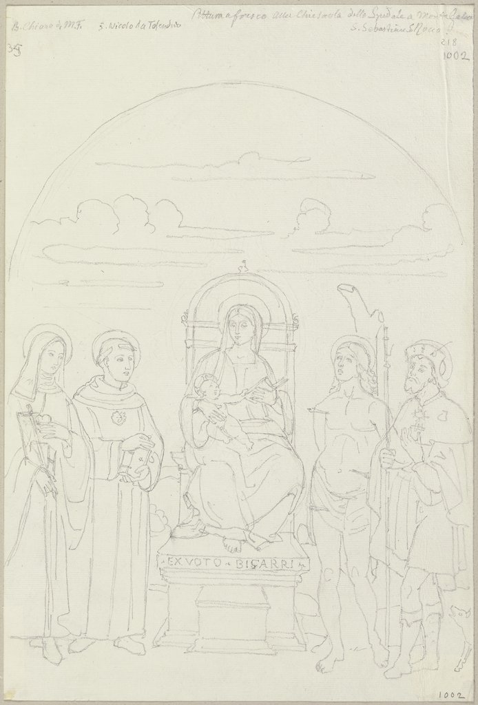 Die thronende Madonna mit Kind, Klara von Montefalco, Nikolaus von Tolentino, dem heiligen Sebastian und Antonius dem Großen, Johann Anton Ramboux, after Pietro Perugino;  school