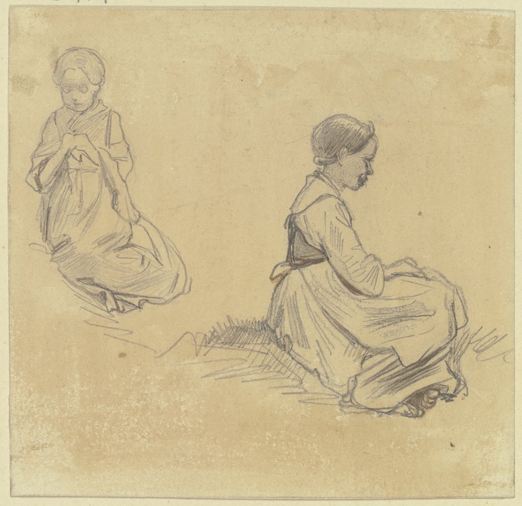 Studienblatt: Sitzendes strickendes Mädchen, rechts ein anderes, die Hände in den Schoß gelegt, im Profil nach rechts, Jakob Fürchtegott Dielmann