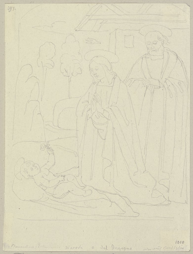 Die Geburt Christi, nach einem Fresko an einem Hause in der Art einer Maestà in der Via Superba in Assisi (?), Johann Anton Ramboux, Art des and nach Pintoricchio