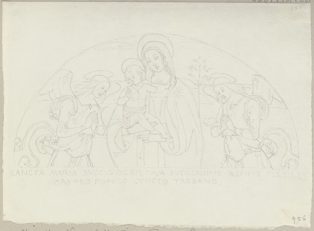 Maria mit Kind und zwei Engeln, in der Lünette über dem Eingangsportal von San Martino zu Trevi, Johann Anton Ramboux, Art des and nach Pintoricchio