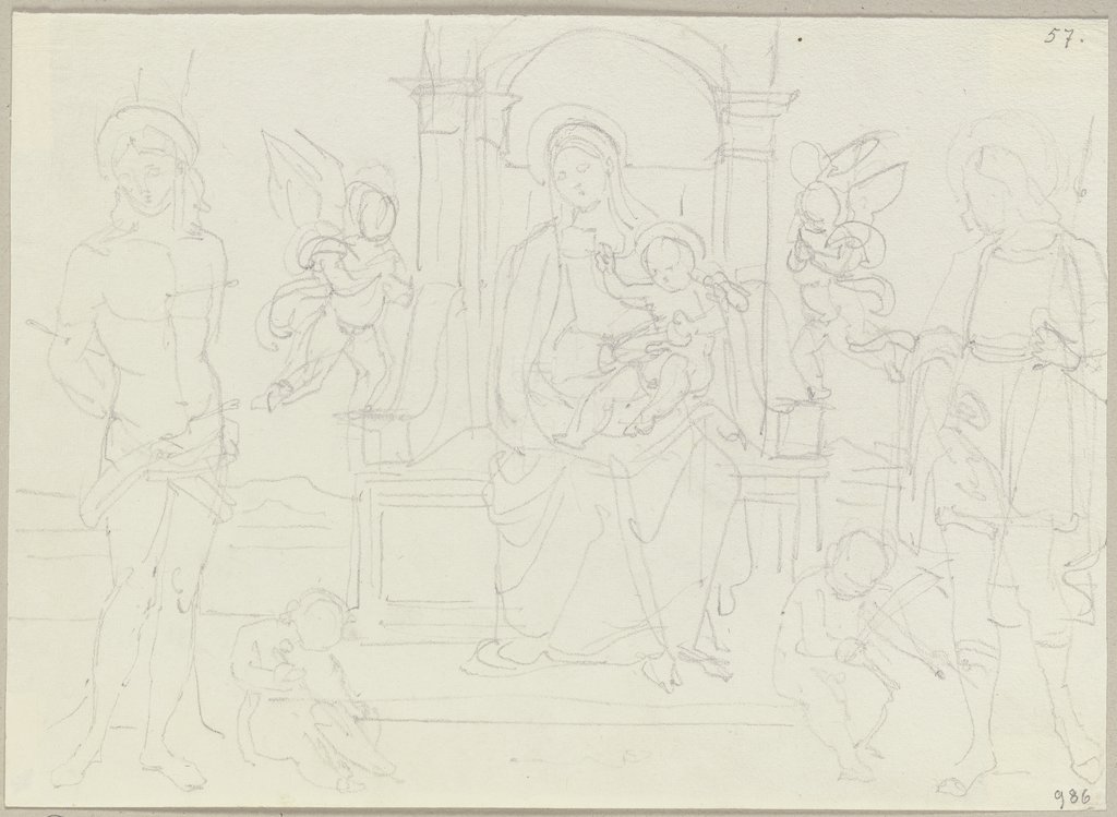 Die thronende Madonna mit Kind zwischen dem heiligen Sebastian sowie einem Lanze tragenden Heiligen und Engeln, nach einem Fresko in einer Hauskapelle in der Gegend von Gubbio, Johann Anton Ramboux, Art des and nach Lo Spagna