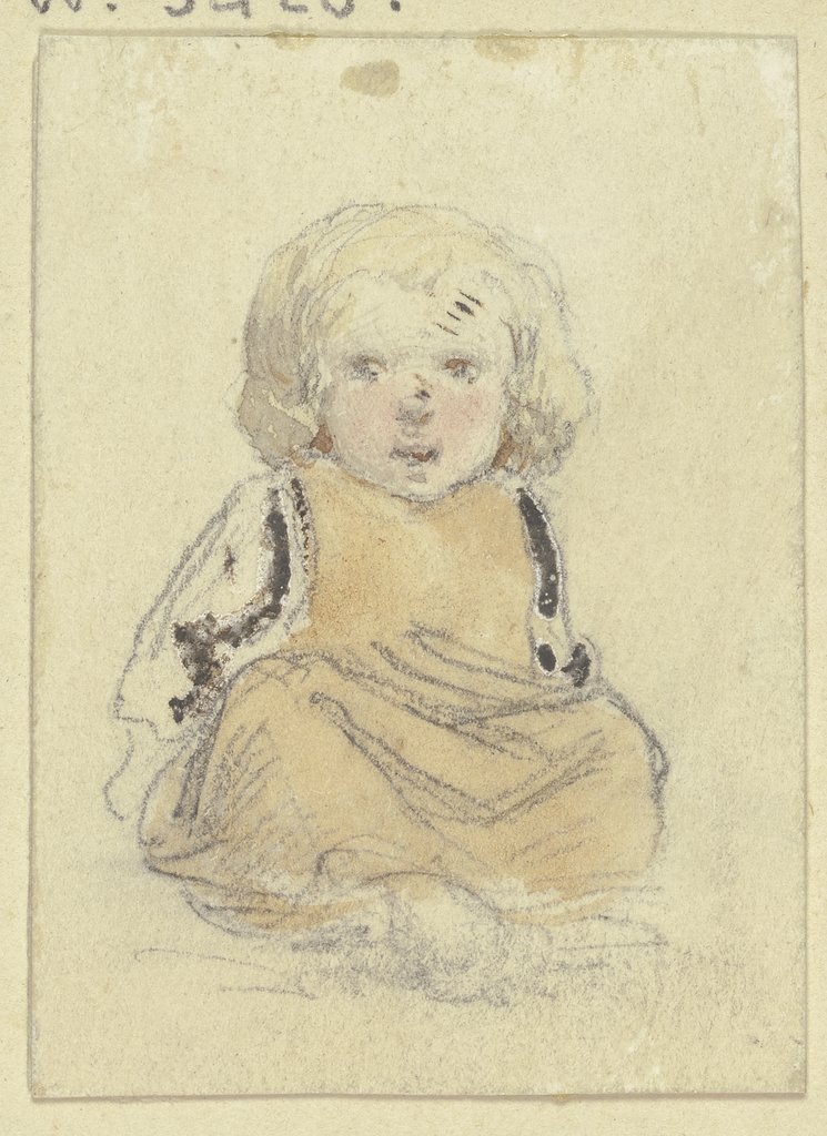 Sitzendes kleines blondes Kind in gelbem Kleidchen, von vorn, Jakob Fürchtegott Dielmann