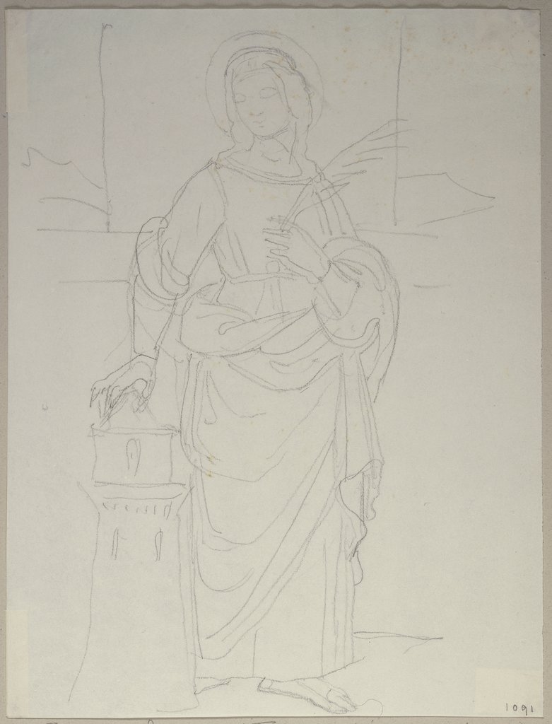 Heilige Barbara mit Märtyrerpalme und Turm, nach einem Gemälde von Timoteo Viti bei den Frati Zoccolanti (Convento di San Francesco?) bei Urbino, Johann Anton Ramboux, nach Timoteo Viti