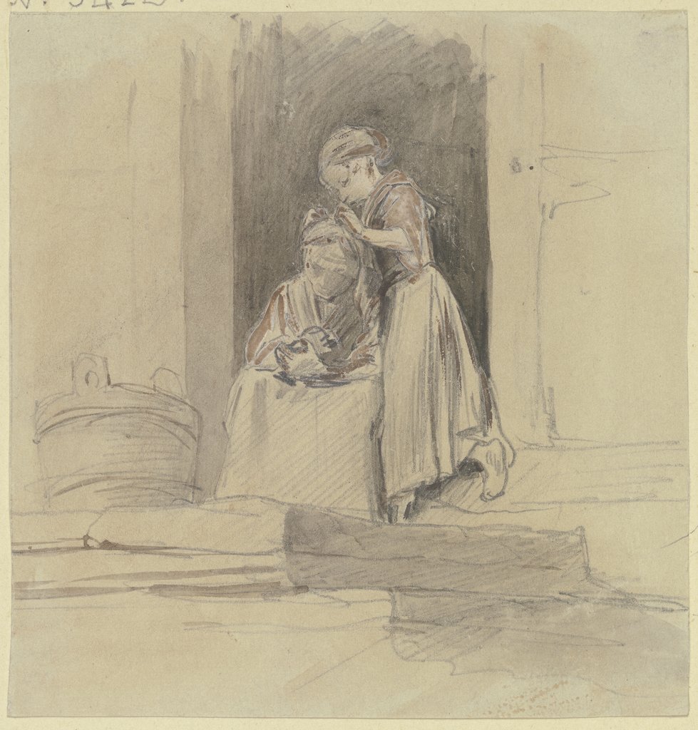Ein Mädchen sucht im Haar einer im Hauseingang sitzenden alten Frau nach Läusen, Jakob Fürchtegott Dielmann