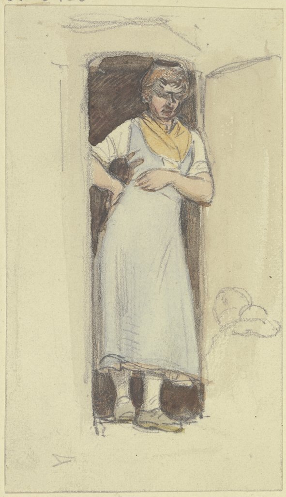 Eine Bäuerin mit blauem Kleid und gelbem Halstuch steht in einer Tür, Jakob Fürchtegott Dielmann