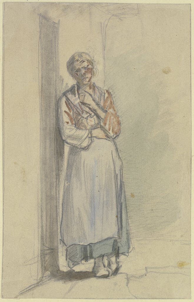 Eine Frau steht mit der rechten Schulter an die Haustür angelehnt, die linke Hand greift in das Dekolleté, Jakob Fürchtegott Dielmann