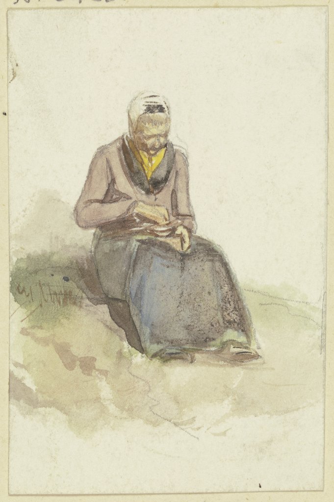 Auf einem Rasen sitzt eine alte Frau und hält eine Schale mit Milch auf dem Schoß, Jakob Fürchtegott Dielmann