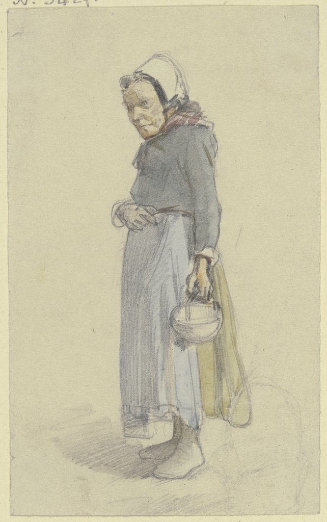 Eine alte Frau nach links gewandt, in der herabhängenden Linken ein Körbchen tragend, Jakob Fürchtegott Dielmann