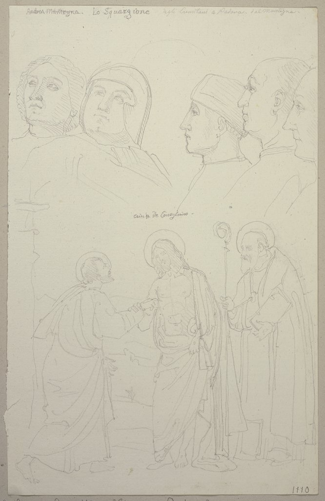 Jesus Christus mit dem Heiligen Thomas und einem heiligen Bischof, oben fünf männliche Köpfe, nach einem Fresko von Andrea Mantegna in der Chiesa degli Eremitani in Padua, Johann Anton Ramboux, after Andrea Mantegna