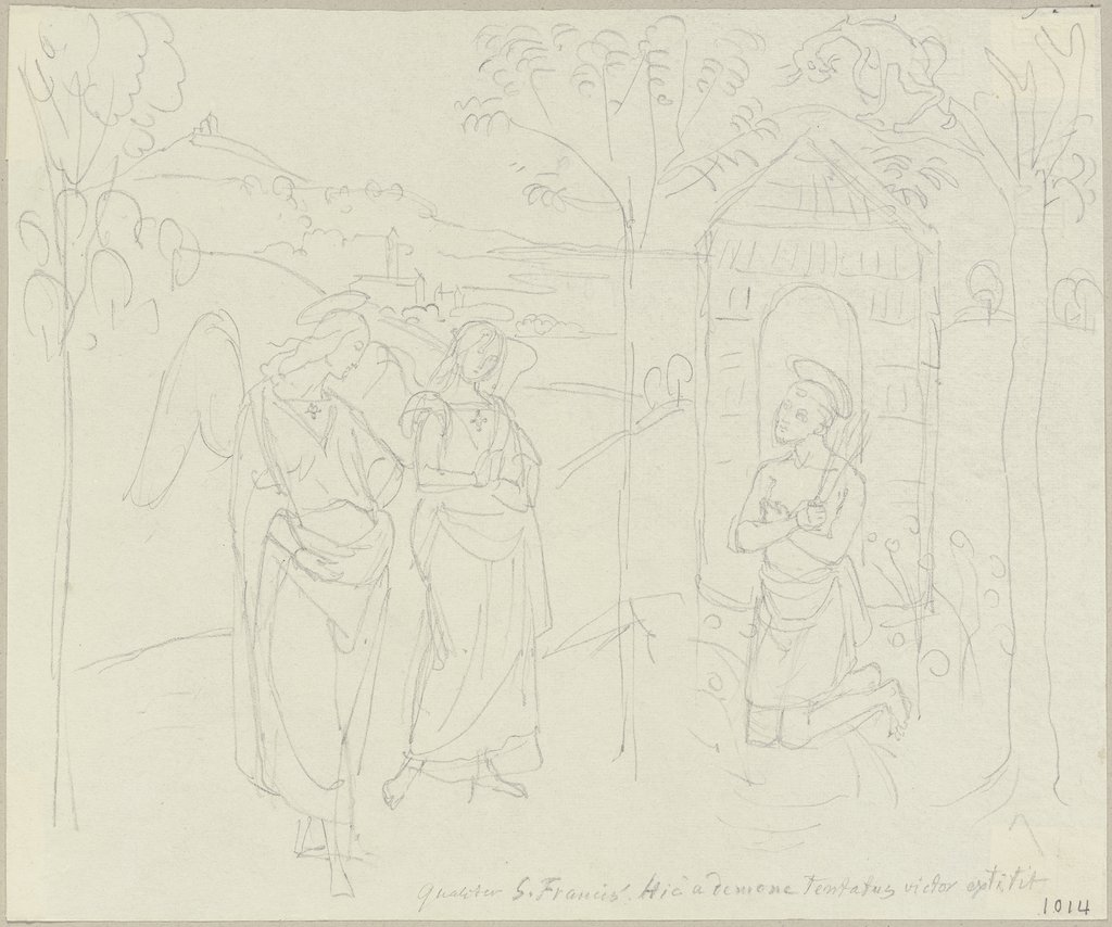 Dem Heiligen Franziskus in der Einsiedelei erscheinen zwei Engel, Detailansicht einer Maestà in Assisi, Johann Anton Ramboux, nach Tiberio di Diotallevi, nach Andrea di Luigi Ingegno