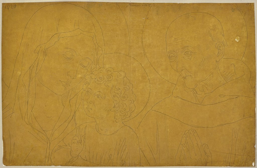 Maria mit dem Jesuskind und Bernhardin von Siena, Detail aus einem Fresko von Benozzo Gozzoli in San Fortunato in Montefalco, Johann Anton Ramboux, after Benozzo Gozzoli
