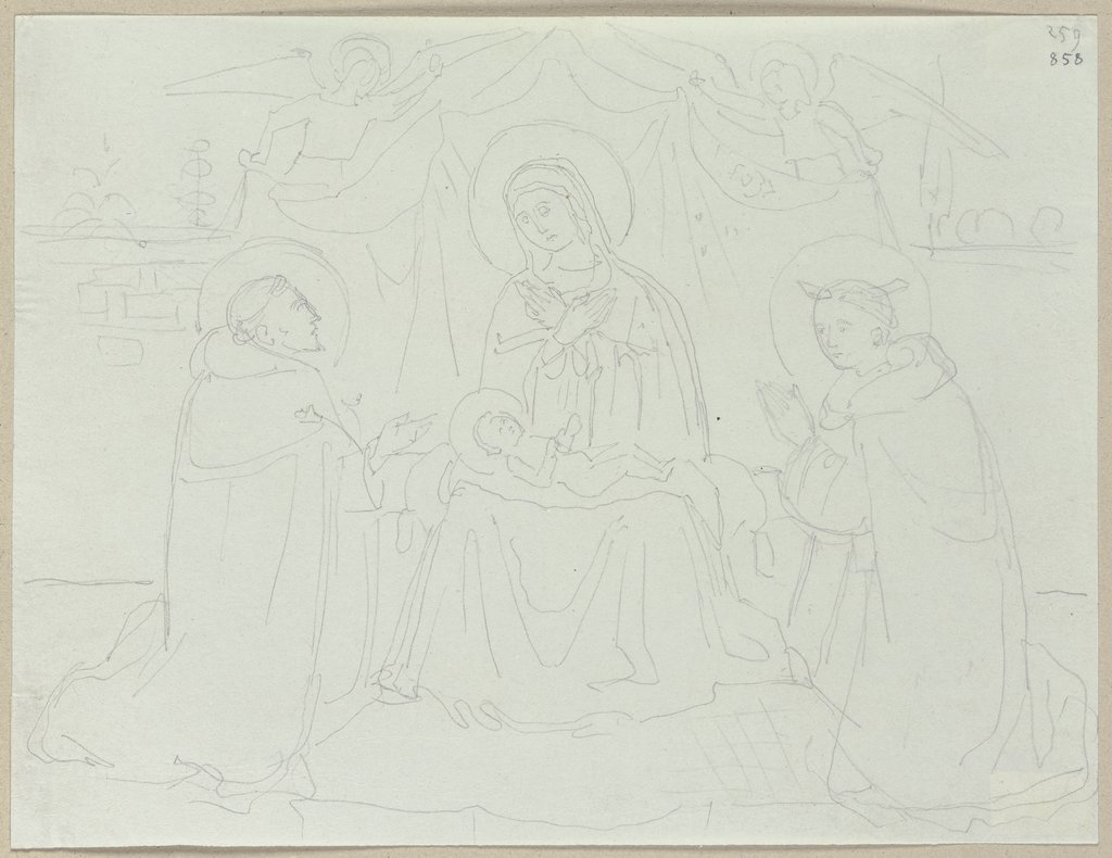 Maria mit dem Jesuskind zwischen Engeln und zwei männlichen Heiligen, nach einem Gemälde von Pierantonio Mezzastris in der Sakristei der Chiesa di San Domenico in Foligno, Johann Anton Ramboux, after Pierantonio Mezzastris