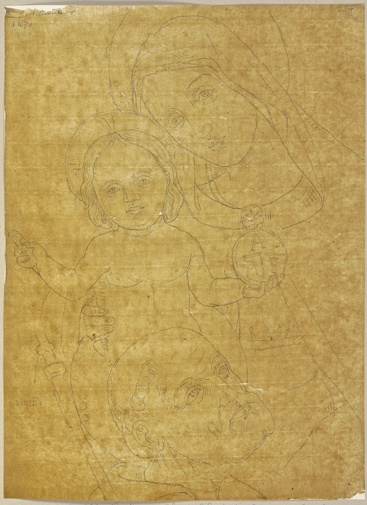 Madonna mit Kind und einem heiligen Mönch (Benedikt von Nursia?), in einer kleinen Kapelle auf dem Weg nach Santa Scolastica (?), Johann Anton Ramboux, nach Giovanni Santi;  Schule ?