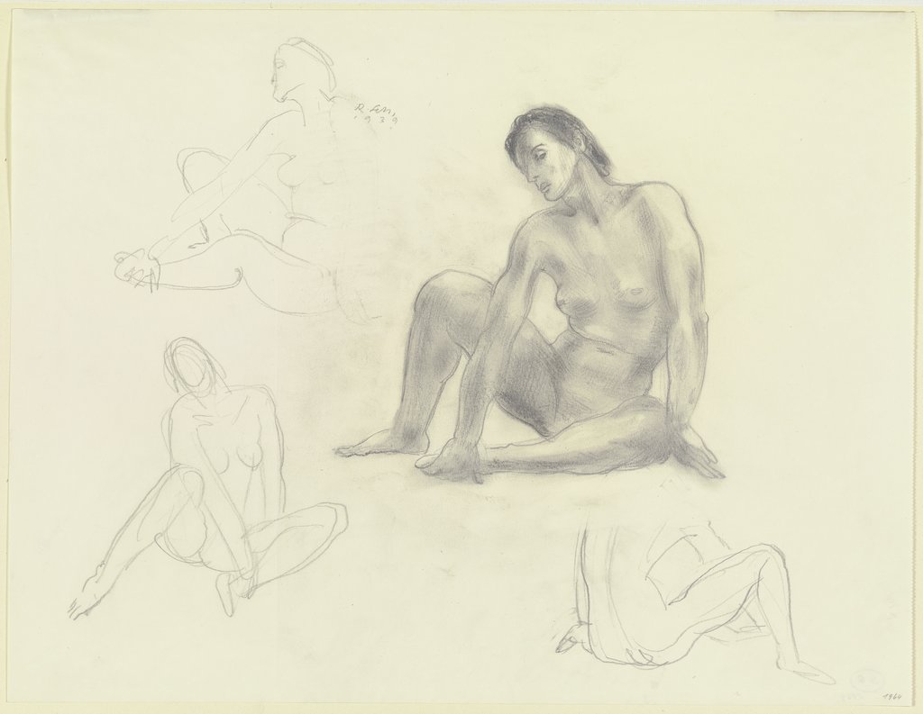Studienblatt: Am Boden sitzender Frauenakt, mit der Rechten den linken Fuß fassend, Richard Scheibe