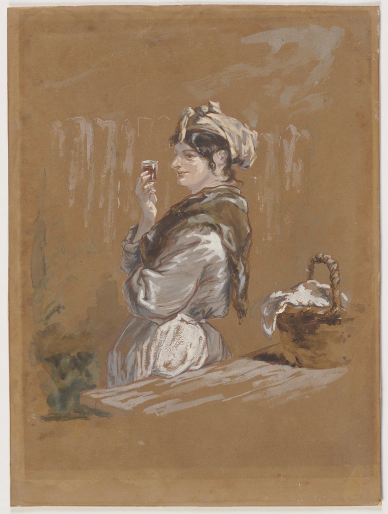 An einem Tisch lehnende Frau, mit einem kleinen Glas in der Hand (Wäscherin?), Paul Gavarni