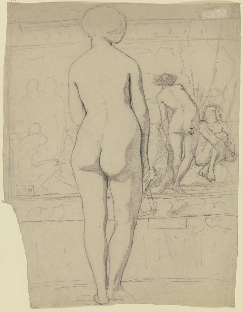 Weiblicher Rückenakt mit einem Ausstellungskatalog in der Rechten vor einem Gemälde mit Aktfiguren, Victor Müller